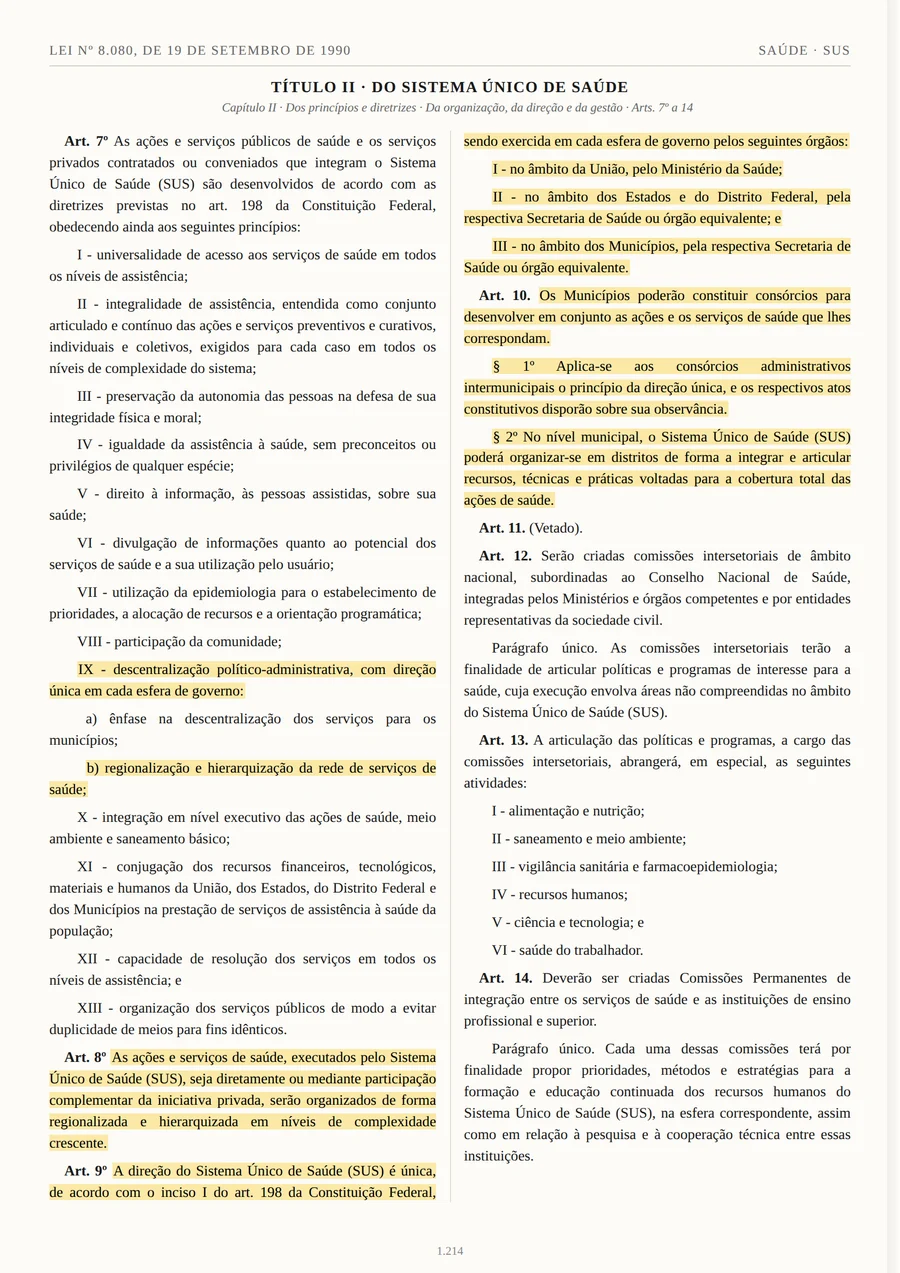 Lei nº 8.080/1990, arts. 7º a 14, texto oficial em formato de vade-mécum