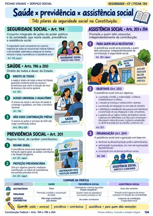 Módulo 16: Seguridade Social na CF/1988. Saúde, previdência e assistência: objetivos, financiamento e o que exige contribuição.