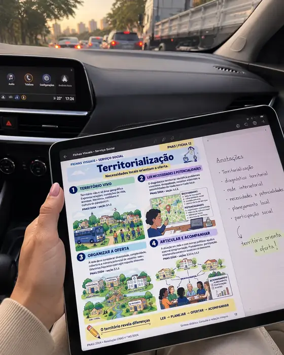 Caderno aberto no tablet, com anotações ao lado